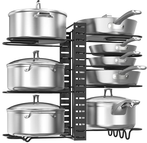 Housolution Pfannenhalter für Schrank, Töpfe und Pfannen Aufbewahrung Organizer Topfdeckelhalter mit 2 DIY-Methoden, Pfannenständer Deckelhalter mit 8 Verstellbaren Rutschfest Teiler