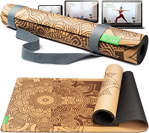 BACKLAXX ® Yogamatte Kork mit Naturkautschuk - FAZ Testsieger 11/2025 - Yoga Matte nachhaltig, schadstofffrei, Yogamatte rutschfest, Fitnessmatte mit Anti-Rutsch-Zonen inkl. Tragegurt, Turnmatte