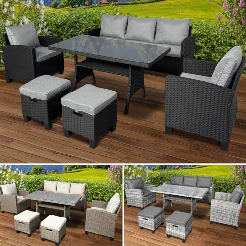 BRAST Gartenmöbel Set Delight | bis zu 7 Personen viele Farben | incl. extra Dicke Kissen | TÜV geprüft | Outdoor Loungemöbel Sitzgruppe Essgruppe Garnitur | Schwarz/Grau