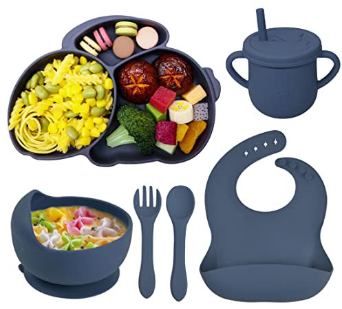 Baogaier Assiette Ventouse Bébé Vaisselle Silicone, Fourche Cuillère Bavoir Tasses et Bol, Lot de 6 Set Repas Couverts Sans BPA Antiderapante Enfant Garçon Sevrage Manger Apprentissage, Blau Lapin