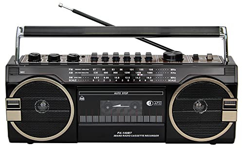 Boombox Bluetooth retro con reproductor de casete, altavoces duales y radio AM/FM, transmisión inalámbrica e inalámbrica, estilo clásico de los años 80 con tecnología moderna