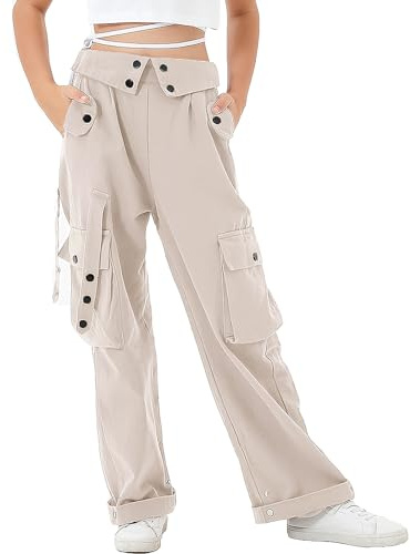 Rolanko Ragazze Pantaloni Cargo, Vita Alta Elastica con Tasche Multiple e Pantaloni a Gamba Larga per Bambini, Albicocca, Taglia:170