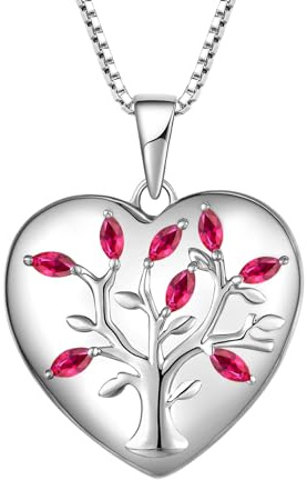 YL Collier Médaillon Arbre de Vie 925 Argent Coupé Rubis Pendentif Médaillon Coeur pour Femme