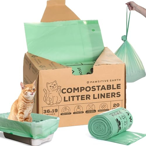 Cat Litter Box Liners 100% Compostable - Drawstring Close - 20 Count - Jumbo Size 36 x 19 - Tear & Leak Resistant - OK Compost Home Certified