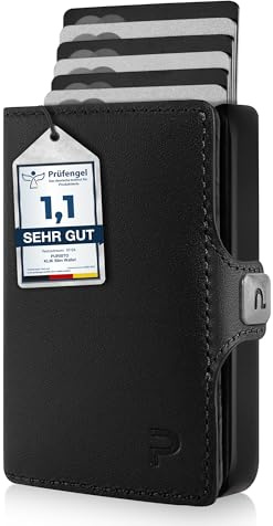 PURISTO KLIK Minimal Slim Wallet - Mini Kreditkartenetui und Geldbörse für Herren aus Echtleder - Kleiner Credit Card Holder mit RFID Schutz für 10-12 Karten - Schwarz