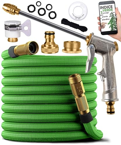 Tubo Acqua Giardino Estensibile 7,5m - Pistola Multigetto in Metallo, Raccordi in Ottone, Adattatori 1/2” e 3/4” Inclusi - Canna Irrigazione per Giardino, Lavaggio Auto, Orto, Terrazzo, Prato