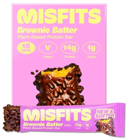 Misfits Vegan Protein Bars - Brownie Batter | Sports Nutrition Bars - 14 grams Protein | 1 gram Sugar | Plant-Based, Low Carb, High Fibre | No Palm Oil | Non-GMO | Pack of 15