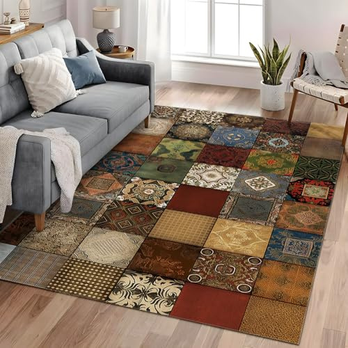 Teppich 140cm x 200cm - Weich Kurzflor, Patchwork erdige Bunte Quadrate Design, rutschfest Waschbar Teppich für Schlafzimmer, Flur, Esszimmer, Kinderzimmer, RV Camping