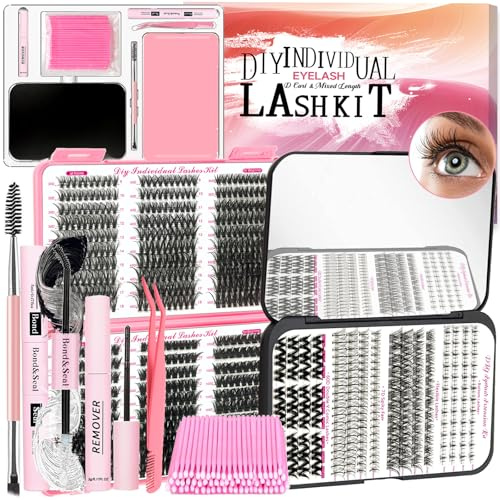 QUKLOGEN DIY Lash Extension Kit 782Pcs D Curl 4 Styles Individual Lash with Bottom Lash Clusters Bond and Seal,Quick Glue Remover Tweezers Eyelash Brush Mini Applicator (LASH001)