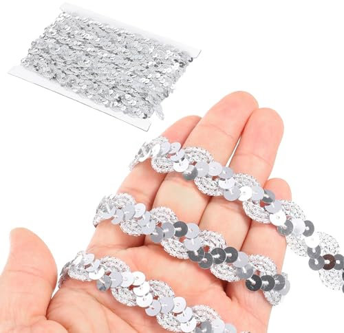HJIAMA 25m Paillettenband Silber, Gewelltes Paillettenband, Breite 15mm, Glitzer Borte für DIY, Party Dekoration, Möbel, Hochzeiten, Geburtstagsfeiern
