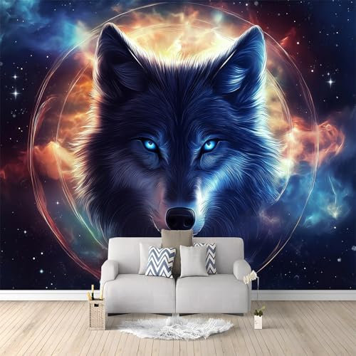 Sternenhimmel Tier Wolf Vlies Tapeten Wandtapete Dunkelblau 350x256 cm Muster 3D Wandbild Wohnzimmer Wanddekoration Fototapete 3D Tapete Effekt