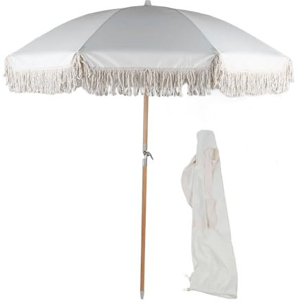 Parasol de plage à franges avec crochets de suspension, mât inclinable en aluminium, 8 baleines en fibre de verre, 213 x 183 cm, beige