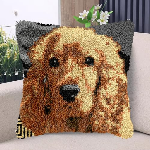 Brown English Cocker Spaniel DIY Latch Hook Kits Pillow with Printed Canvas Handmade Cushion Crochet Yarn Embroidery Hook and Latch Kit Pillowcase Christmas Decor 43x43cm