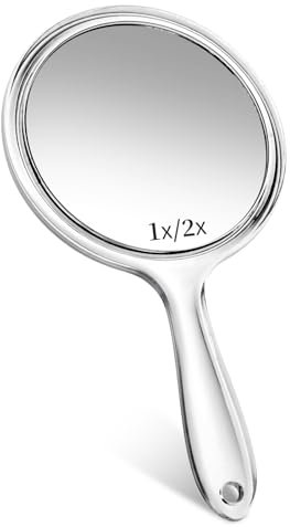 Handspiegel mit Griff, Doppelseitiger Handspiegel 1X/2X Vergrößerung Spiegel, Kosmetikspiegel Schminkspiegel, Tragbarer Reisespiegel für Make-up, Mehrzweck Spiegel Runde Form für Damen Tägliche