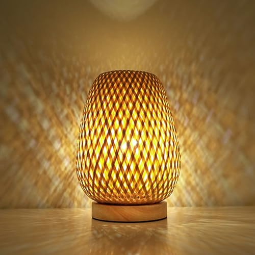 LOGT Vintage Tischlampe Rattan Naturale Bambus und Holz Innen Tischleuchte USB Ladeanschluss mit Fernbedienung Nachttischlampe Dimmbar und Timer Nachtlicht 3 Farbtemperatur für Wohnzimmer