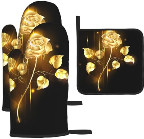 Set di 3 guanti da forno e presine con rose dorate, resistenti al calore, regalo da cucina per cucinare