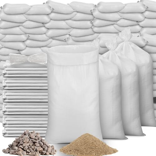 Windyun 300 Pcs White Empty Sandbags with Ties 18 x 30 Inch White Woven Polypropylene Sand Bags Bulk, Heavy Duty Sand Bags Flood Water Barrier for Hurricane Flooding, Construction
