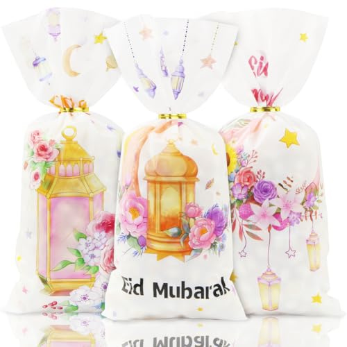 Eid Mubarak Geschenktüten 50 Stück, Ramadan Cellophantüten Mit Krawatten, Rosa Blume Laternen Halbmond Plätzchentüten Süssigkeiten Tüten Für Eid Mubarak Islamischen Muslimischen Frühling Party Favor