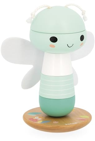 Janod Culbuto di Legno impilabile Libélulle, Giocattolo di Legno per l'apprendimento precoce, 5 Pezzi impilabili con Ali di Feltro, Torre impilabile, Base Mobile, per Bambini da 1 Anno, J05144