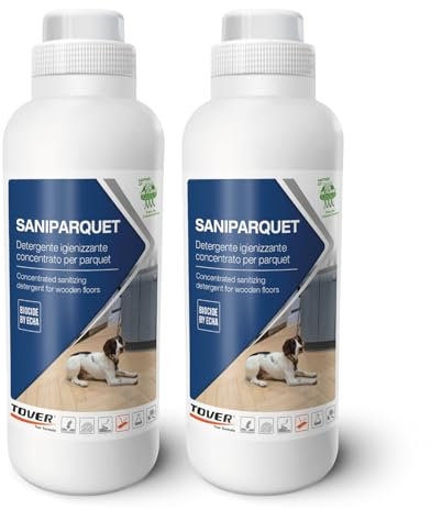 Tover, Saniparquet kit 2 pezzi, Detergente Igienizzante per Parquet Oliati e Verniciati, Pavimenti in Laminato, LVT e SPC. Efficace contro sporco e batteri, Profumato, 2 unità (2 bottiglie da 1L)
