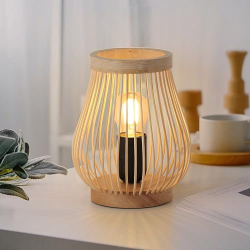 SUNLLOK Boho Tischlampe mit Holz Sockel, Retro Rattan Lampe Kleine Nachttischlampe für Schlafzimmer, Industrial Bambus Lampenschirml leselampe Tisch Lampen Deko für Wohnzimmer, Kinderzimmer, Büro