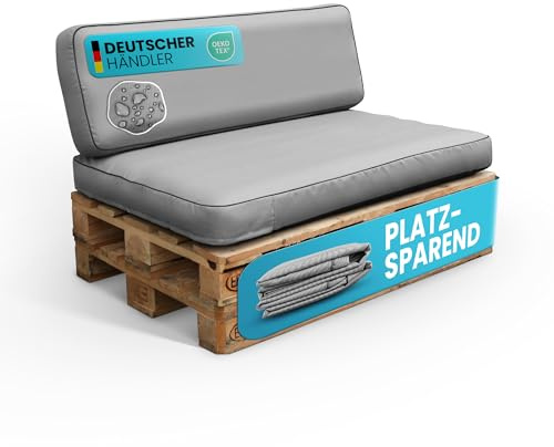 Bestlivings Palettenkissen Set 2-teilig (Hellgrau) Gartensofakissen platzsparend verstaubar innovativ - wasserabweisend - Bezug abnehmbar - Innenkissen aufblasbar, 120x80x15 cm + 120x40x15cm