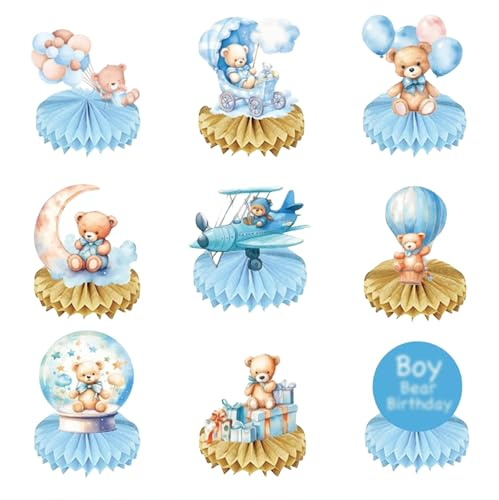 Kotkiddy 9 Stück Bären Baby Shower Honeycomb Centerpieces Bären Tischdecorationen 3D Tischdekor für Kindergeburtstag Geschlechtsaufdeckung Neugeboren Party (Blauer Bär)