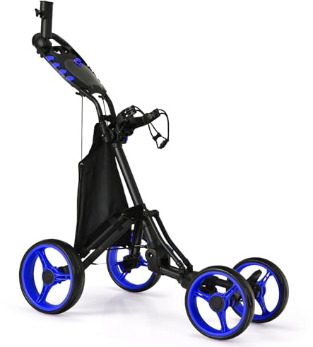 GYMAX Golfwagen klappbar, Golf Trolley mit 4 Räder & höhenverstellbare Positionen, Golftrolley mit ergonomischer Griff, verstellbarem Schirmhalter & Tasche (Blau)
