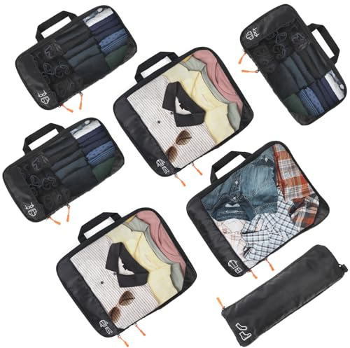 UVTQSSP Kompressions-Reiseorganizer Set Intelligente Raumoptimierung für Rucksack & Kofferorganizer für Businessreisen & Urlaub 7 Teilig 1 Groß 2 Mittelgroß 3 Klein 1 Drawstring, Schwarz