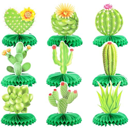 Gyufise 9 Pack Cactus Honeycomb Table Centerpieces Flowers Bloom Summer Hawaiian Luau Party for Mexican Party Decorations Fiesta Cinco De Mayo Birthday Baby Shower Supplies Green