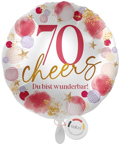 balloa Folienballon 70 Cheers Du bist wunderbar, runder Geburtstagsballon für Frauen mit Zahl 70, Helium Ballon als Deko oder Geschenk zum Geburtstag, Luftballon wird ungefüllt geliefert, 33cm
