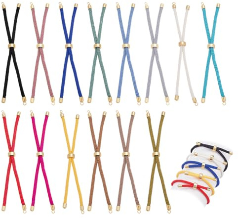 CRAFTYMELODY 14 Stück Verstellbare Schiebearmbänder 14 Farbige Nylonschnur Armbänder Mit Messingbeschlägen Seilschnur Kettenglied Anhänger Für Die Schmuckherstellung