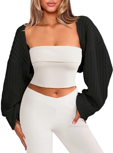 Navneet Women Cropped Cardigan Knit Shrugs Y2K Long Sleeve Bolero Shrug Chunky Bolero Cardigans Going Out Tops Fall Outfits Black M