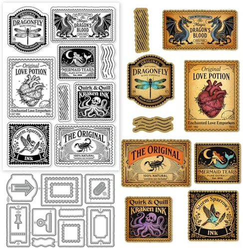 GLOBLELAND Vintage Stempel Transparente Stempel Und Stanzformen Set Zur Kartengestaltung Zaubertrank Transparenter Silikonstempel Retro Etiketten Rahmen Metall Stanzformen Für DIY Scrapbooking