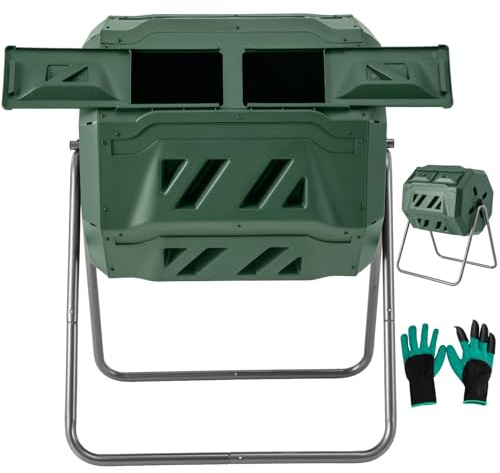 BOOZXCV Compostador Giratorio de jardín de 160L / 164L Contenedor de Compost Giratorio de 360 ° de Doble cámara con 2 Puertas corredizas, contenedor de Basura aireante sin (Green+Black)