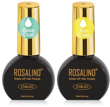 ROSALIND Base y Top Coat Esmalte Semipermanent, 2pcs 10ml Capa Base y Capa Superior Pintauñas Semipermanentes Soak-Off UV LED para Pintauñas Gel Nail Art Manucura Set