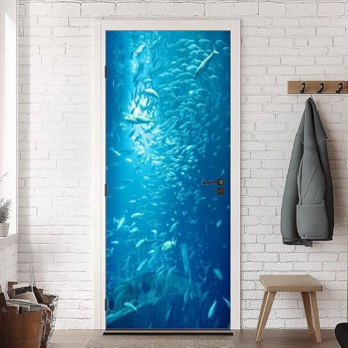 TACOKI Türtapete Selbstklebend Türposter Blauer Meer Türbekleben Fische Türbilder, 3D Effekt Fototapete Türfolie Poster Türaufkleber Wandtattoo Tür Dekoration Stickers 77x200 cm v7336