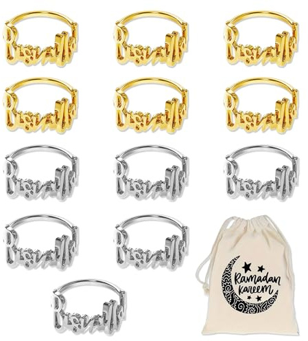12 Anneaux de Serviette, Bismillah en Métal avec Sac de Rangement, Anneaux de Serviette Or Argent pour Décoration Ramadan Banquet Mariage