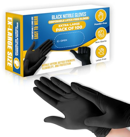 TB1 Products Black Nitrile Gloves 100 Pack Extra Large | Disposable Latex-Free, Powder-Free Gloves for Cleaning, Food Prep, Tattoo, Salon, Mechanics & Home Use | Strong Grip