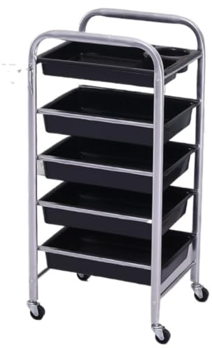 Chariot Coiffure Domicile Chariot De Salon Beauté avec Tiroir en PVC À roulettes pour Coiffeur Support pour Sèche-Cheveux Utilitaire Roue Fer Tablette De Salon A Roulette(Blue,Silver,5-Tiers)