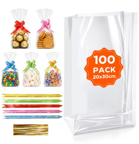 RITOLLO 100 Stück Zellophanbeutel 20 x 30 cm, Extra Stark 3 MIL, mit Schleifen & Verschlussdrähten, Klarsicht Geschenkbeutel mit Bodenfalte, Lebensmittelecht für Tassen, Geschenke & Verpackung