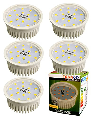 Trango 5er Pack MO15-5 LED Modul 5 Watt Ultra flach nur 23mm Einbautiefe 3000K warmweiß zum Austausch Einbaustrahler I Einbauleuchten I Deckenspots mit GU10 & MR16 Leuchtmittel