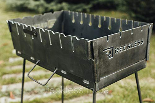 Reckless KL-10/3: Tragbarer Holzkohlegrill für 10 Spieße, 3 mm, Metallic, Legierter Stahl, Grill-Set mit Koffer, Tasche und Handschuhen