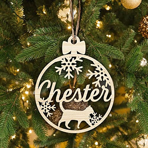 Personalisierte Katze Weihnachtsschmuck, benutzerdefinierte Holz Ornamente Weihnachten mit dem Namen Ihrer Katze, individuelle Kreis Katze und Schnee Ornamente für den Weihnachtsbaum