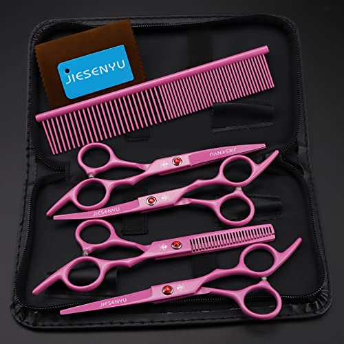 Kit di forbici per la toelettatura degli animali domestici, Da 6 pollici , set di forbici da taglio, taglio a taglio, forbici curve, pettine per la toelettatura (set rosa)
