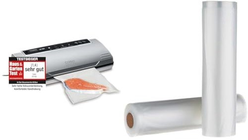 CASO VC100 Vakuumierer - Vakuumiergerät & Amazon Basics 22 cm x 500 cm, 2 Rollen für Vakuumierer, Kunststoff, Klar