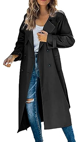 Trenchcoat dam lång elegant – övergångsjacka dam stora storlekar lång vindjacka dubbelknäppt vindjacka damjackor vinterrock cardigan klassisk lång blazer, övergångskappa vinterjacka trenchcoat, svart,
