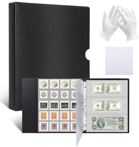 ENPOINT Acid Free Coin Collection Supplies - 600 Pockets Coin Holders for Collectors & 30 Pockets Currency Sleeves, Stamp Collecting Supplies Money Organizer for Cash Bill Penny Quarter Stamp, Black