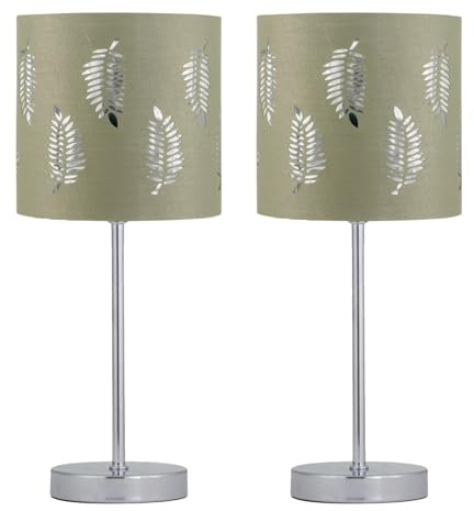 Set of 2 Chrome Stick Table Lamps with Sage Green Fern Shades