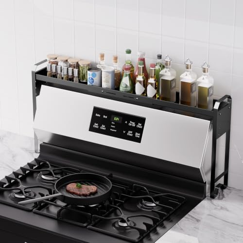 Kitchen Spice Rack Over The Stove, Shelf for Back of Stove, Stove Top Shelf for Seasoning Organizer, Over Oven Shelf, Countertop, Expandable Length 27.3''-32.6'', 4 Adjustable Height (Black, Normal)
